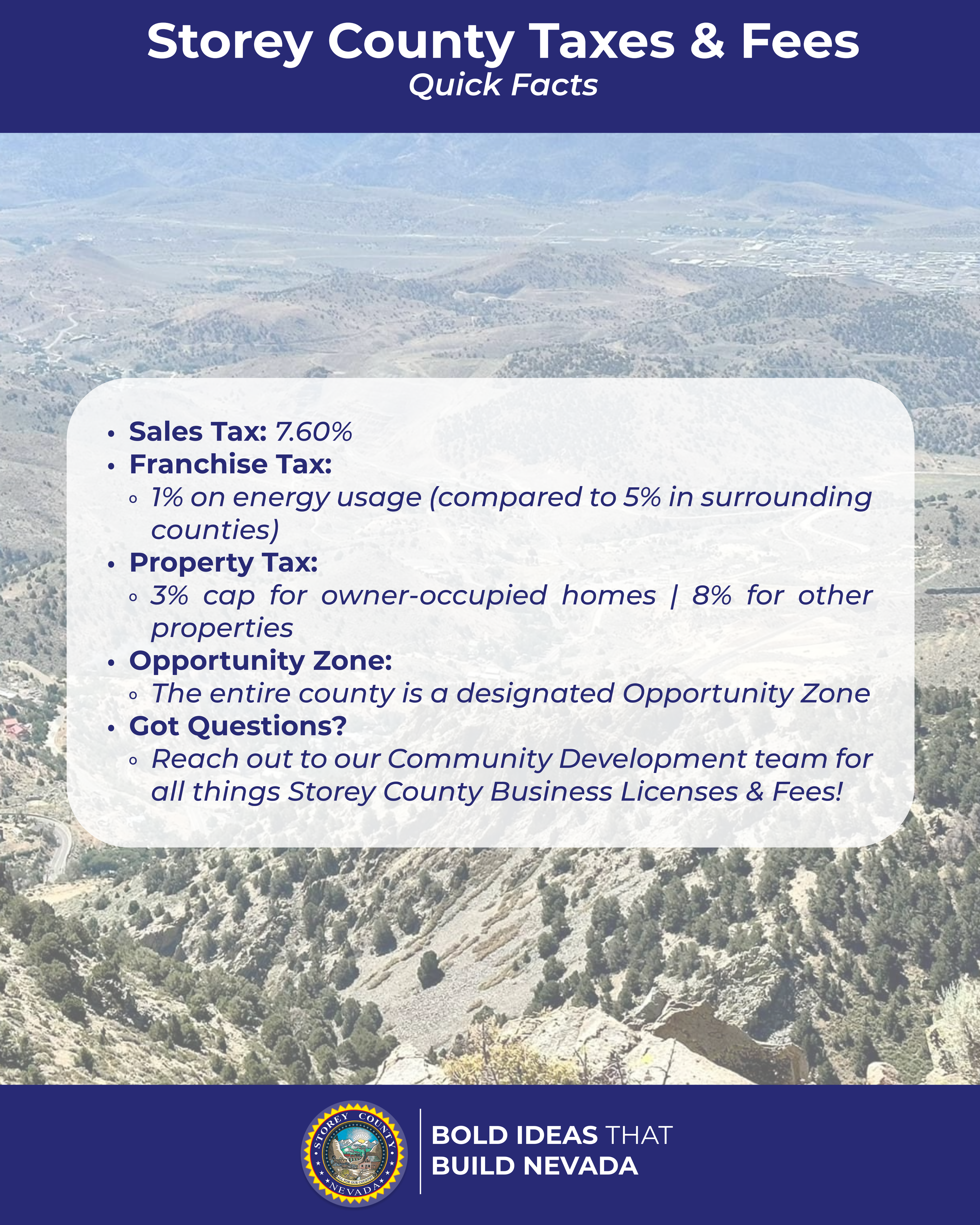 Sales Tax 7.60%    1% Franchise Tax on energy usage versus an average of 5% in surrounding counties 